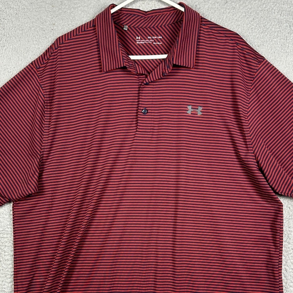 Under Armour Polo Shirt Mens 2XL Red Navy HeatGear Golf Striped Rugby Stretch